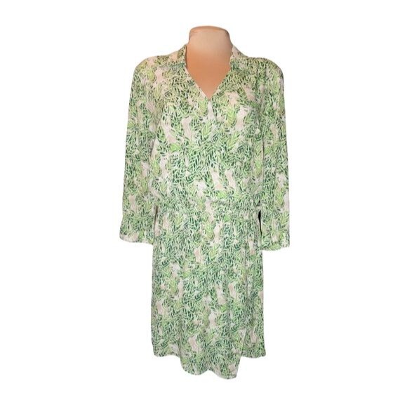 CAbi Tropical Green & Cream Leaf Print Faux Wrap Mini Dress Size S - Picture 2 of 10